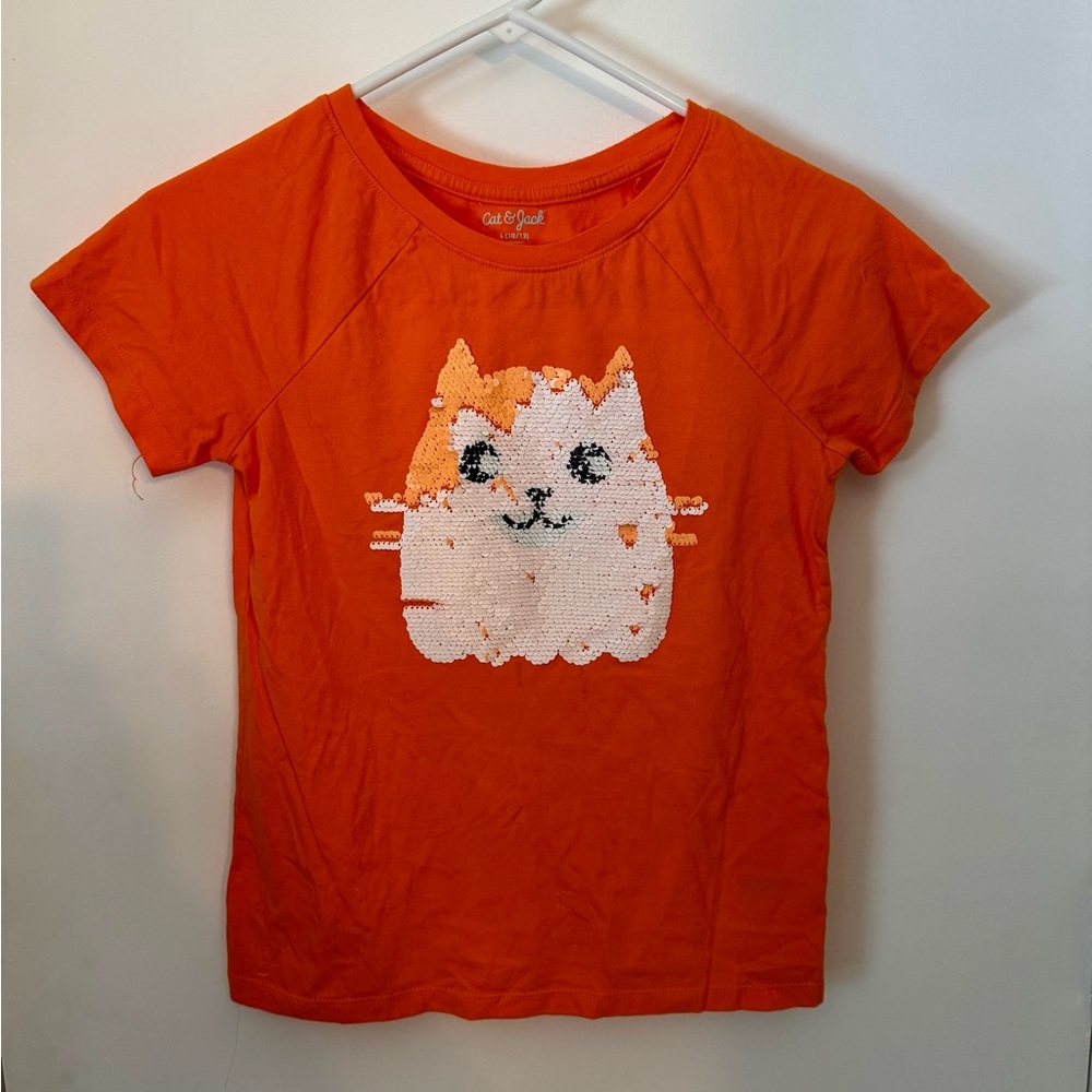 Cat & Jack Vibrant Halloween Ghost Cat Orange Sequin T-Shirt